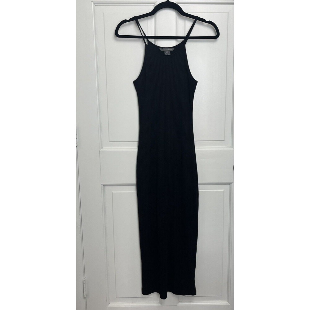 FRENCH CONNECTION Midi Dress Women's 6 Black Cotton Blend‎ Ribbed Slip On Casual